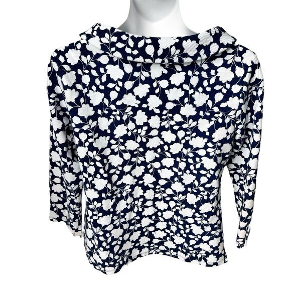 Talbots Navy Blue White Floral Top Women's Small Knit Blouse Cottagecore Flowers - Picture 3 of 14